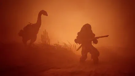 Silhouetted survivor with rifle confronts a towering dinosaur in orange dust — video game ICARUS HD PC desktop wallpaper/background.