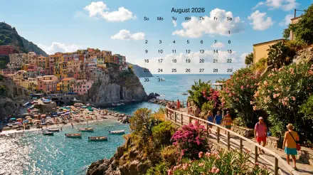 August 2026 calendar displayed on a 5K Ultra HD PC desktop wallpaper and background: sunny coastal village, turquoise bay with boats, cliffside walkway lined with flowers and visitors.