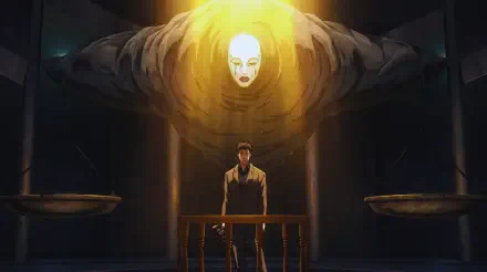 Hiromi Higuruma (Jujutsu Kaisen 3rd Season) stands at a wooden lectern as a glowing shinigami spirit looms above in a dark hall — 5K Ultra HD anime PC desktop wallpaper.