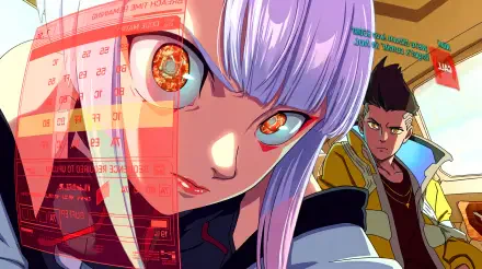5K Ultra HD PC wallpaper of Cyberpunk: Edgerunners — Lucy in foreground with glowing cybernetic eye and hacking overlays, David standing behind; neon anime girl aesthetic.