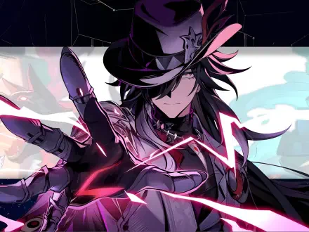 Honkai: Star Rail anime boy Ashveil in a hat and cloak reaches out as crackling pink energy arcs around him — 2K Quad HD PC desktop wallpaper/background.