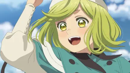 HD PC desktop wallpaper background: anime artwork of Coco from Witch Hat Atelier, smiling with wind-blown green hair and bright golden eyes under a blue sky.