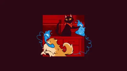 2K Quad HD PC wallpaper from the video game Ghost Trick: Phantom Detective showing a black cat and a curled dog with glowing blue phone cords on a deep red background.