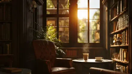 Cozy aesthetic brown reading room with a leather armchair, sunlit window and bookshelves — 2K Quad HD PC desktop wallpaper and background.