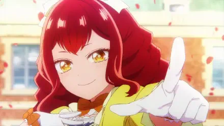 HD PC wallpaper of Bertia Ibil Noches from An Observation Log of My Fiancée Who Calls Herself a Villainess — red-haired, golden-eyed girl in a yellow outfit smiling and reaching out.