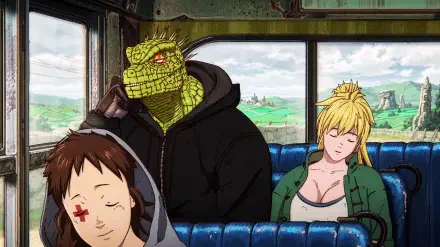 Dorohedoro Season 2 — Caiman and Nikaido sit quietly on a train in an anime scene; 5K Ultra HD PC desktop wallpaper and background.