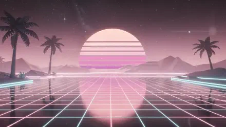 Light pink vaporwave landscape: neon grid reflecting a striped sun, silhouetted palms and distant mountains — 4K Ultra HD PC desktop wallpaper and background.