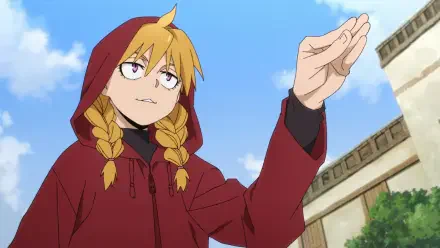 HD anime desktop wallpaper of Gabby (Daemons of the Shadow Realm) in a red hooded jacket, braided blonde hair, reaching out beneath a bright blue sky with rooftop architecture in the background.
