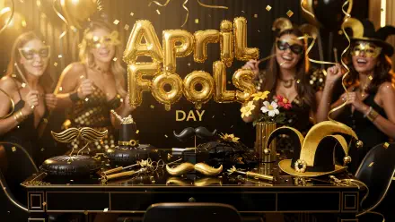 April Fools Day 4K Ultra HD PC desktop wallpaper and background — gold April Fools balloons, masked partygoers, confetti and playful props on a black-and-gold party table.