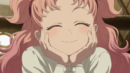 Anime HD desktop wallpaper of Tetia from Witch Hat Atelier: pink‑haired girl smiling with eyes closed, hands cupping her cheeks in a warm, cozy expression.