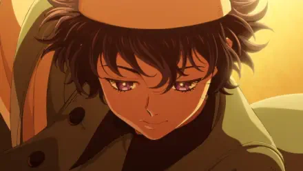 HD PC desktop wallpaper: warm-lit anime close-up of Agott Arkrome from Witch Hat Atelier, contemplative expression, tousled hair and glowing eyes.