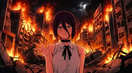 5K Ultra HD PC desktop wallpaper of Reze (Chainsaw Man), an anime girl standing in a moonlit, burning ruined city, flames illuminating collapsed buildings.