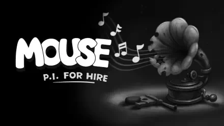 HD PC desktop wallpaper for the video game Mouse: P.I. For Hire, showing a vintage gramophone emitting musical notes next to the game's logo in monochrome.