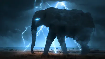 2K Quad HD PC desktop wallpaper and background: a lone elephant strides across a foggy savanna under a crackling lightning storm, blue-lit eyes against the thunderous sky.