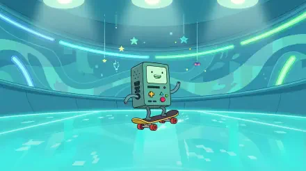 2K Quad HD PC desktop wallpaper of TV show cartoon Adventure Time — BMO skateboarding in a glowing teal arena with stars overhead.