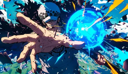Blue anime scene of Trafalgar Law (One Piece) summoning a glowing blue orb, intense action and shards of color — 4K Ultra HD PC desktop wallpaper background.
