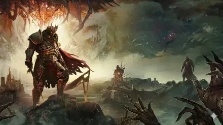 HD PC desktop wallpaper and background from the video game Tainted Grail: The Fall of Avalon — a crowned fantasy knight in dark armor stands amid a ruined, storm-lashed battlefield.