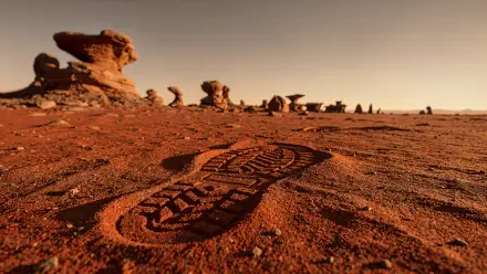 Boot print pressed into red desert sand, foreground detail with distant hoodoo rock formations beneath a warm sky — 4K Ultra HD PC desktop wallpaper and background.