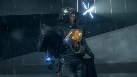 Death Stranding video game 4K Ultra HD PC desktop wallpaper: armored porter in rain carrying a baby pod, glowing BB and beacon, moody futuristic urban backdrop.