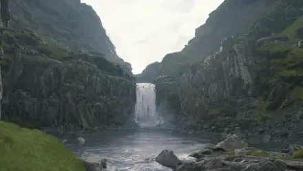 4K Ultra HD PC desktop wallpaper and background, video game scene of a misty waterfall cascading between mossy basalt cliffs into a rocky pool under an overcast sky.