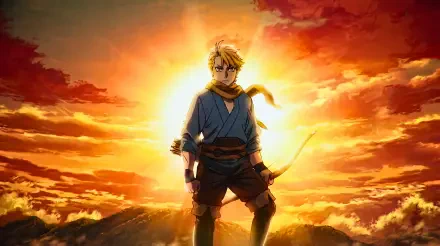 5K Ultra HD PC desktop wallpaper: Yuru from Daemons of the Shadow Realm stands before a blazing sunset, golden halo and dramatic clouds framing the anime character.