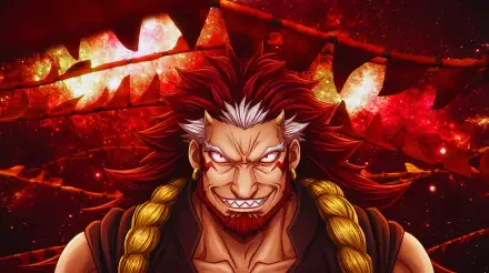 Migi (Daemons of the Shadow Realm) — fierce, red-maned daemon with braided gold cords and glowing eyes against a fiery red background; 5K Ultra HD anime PC desktop wallpaper.
