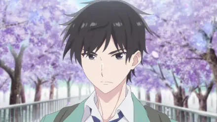 HD PC desktop wallpaper of Yukiya Asagi from the anime I Want to End this Love Game — a serious schoolboy in uniform standing on a bridge under blooming cherry blossoms.