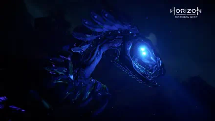 Dark underwater machine-serpent with a glowing blue eye from the video game Horizon Forbidden West — 4K Ultra HD PC desktop wallpaper/background.