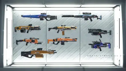 4K Ultra HD PC desktop wallpaper/background from the video game Death Stranding: illuminated glass case displaying stylized futuristic rifles and SMGs on a metallic wall.