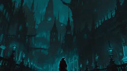 4K Ultra HD PC wallpaper: a lone cloaked hunter in a blue anime-style Bloodborne video game city of towering Gothic spires, lamplit streets and shadowed bridges.