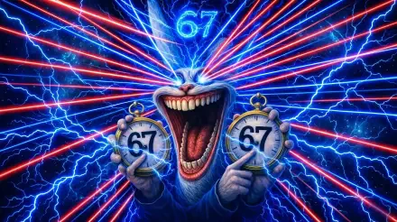 Meme-style Italian Brainrot 2K Quad HD PC desktop wallpaper/background: manic grinning creature holds two stopwatches marked 67, firing red laser beams amid blue electric arcs.