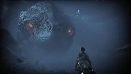 4K Ultra HD PC desktop wallpaper from the video game God of War: Ragnarök — a lone warrior confronts a colossal stone-faced behemoth with glowing eyes in fog and moonlight.