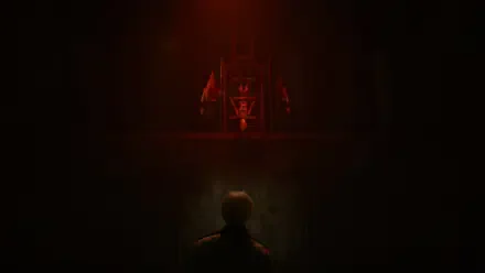 Silent Hill 2 video game 4K Ultra HD PC wallpaper: lone figure in darkness stares at a blood-red altar and shadowed throne, thick, unsettling horror atmosphere.
