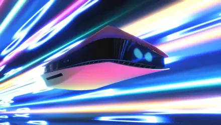 Futuristic hovercraft from the video game Astro Bot Rescue Mission streaks through neon light trails — 4K Ultra HD PC desktop wallpaper and background.