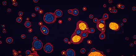 Video game–inspired abstract cellular forms in neon blue and orange on a deep black field — 2K Quad HD PC desktop wallpaper and background.