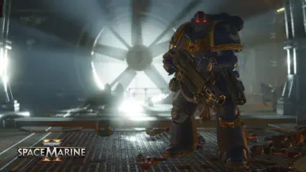 4K Ultra HD PC desktop wallpaper of a Warhammer Space Marine from the video game, clad in heavy power armor and armed, standing in a foggy industrial hangar backlit by a massive circular vent.