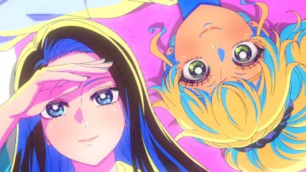 HD PC wallpaper from anime Gals Can't Be Kind to Otaku!?, Kotoko Ijichi shields her eyes while Kei Amane lies upside-down, both framed by bright pastel colors and oversized expressive eyes.