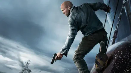 4K Ultra HD PC desktop wallpaper: mutiny on a stormy deck — a bald man in a jacket crouches on a rail with a pistol, warship silhouettes and dark clouds raging behind him.