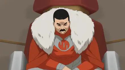 HD PC desktop wallpaper of Thragg from the TV show Invincible, seated on a throne in red armor with a white fur cape, arms crossed and a stern expression.