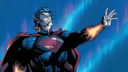 Comic-style Absolute Superman in blue suit, cape flowing, arm outstretched as energy glows around him against a glowing blue 4K Ultra HD PC desktop wallpaper background.