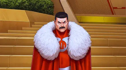Thragg (Invincible TV Show, Image Comics): stern mustachioed alien warlord in an orange suit and white-fur red cape posed on steps — 5K Ultra HD PC desktop wallpaper