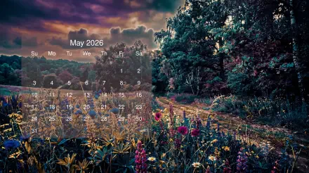 May 2026 calendar overlaid on a 5K Ultra HD PC desktop wallpaper showing a wildflower meadow and forest path under dramatic twilight skies.