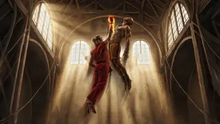 Street Fighter (2026) 5K Ultra HD PC desktop wallpaper and background: two combatants midair in a sunlit cathedral hall, a flaming punch connecting amid dramatic light rays.