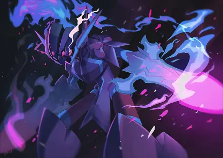 4K Ultra HD anime-style wallpaper of Ceruledge (Pokémon) engulfed in blue-purple ghost flames, striking a dramatic pose against a dark, starry backdrop — PC desktop background.