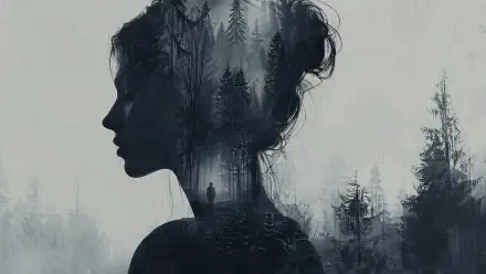 Silhouette of a woman's profile merged with a misty spooky forest and a lone figure on a path — 4K Ultra HD PC desktop wallpaper and background.