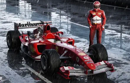 2K Quad HD PC desktop wallpaper of a red Ferrari F2004 F1 car on rain‑slick tarmac with a helmeted driver in matching red racing suit standing beside it.