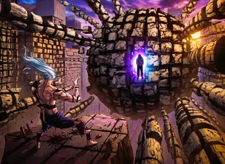 HD PC desktop wallpaper of Yuji Itadori confronting Mahito in a shattered stone-sphere environment, purple portal glow and ruined columns — Jujutsu Kaisen background.