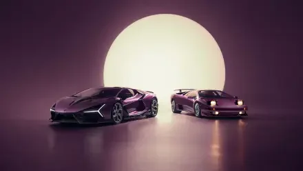 Purple Lamborghini Revuelto and classic Diablo side by side before a glowing moon, 4K Ultra HD PC desktop wallpaper background.