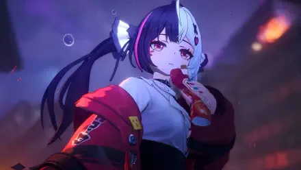 4K Ultra HD PC desktop wallpaper of a video game girl from mobile game Neverness to Everness, a dark-haired, split-mask character sipping a drink amid neon-lit city lights.