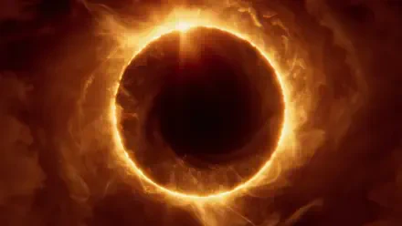 Saros video game HD PC wallpaper: fiery orange ringed eclipse — a black central void surrounded by swirling ember clouds.